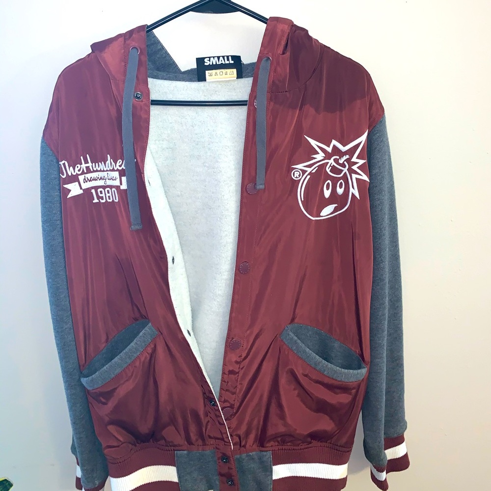 Small maroon The Hundreds varsity bomber jacket